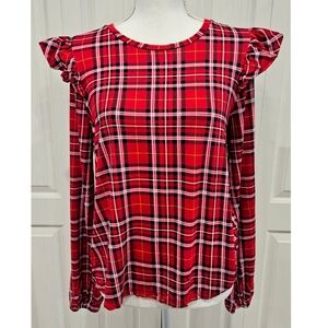 Plaid Vibrant Red Ruffle Long Sleeve Tee Blouse Size Large CROWN & IVY
